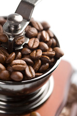 roasted coffee beans in grinder isolated