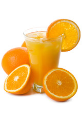 glass of orange juice and oranges isolated