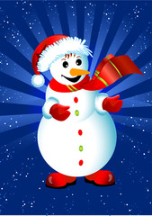 Happy snowman  on the blue. Vector illustration