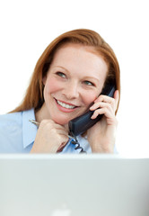 Businesswoman on phone at a computer