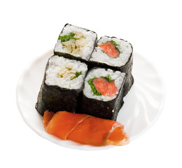 4 sushi on plate with fish