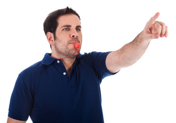 Sports coacher whistling and pointing up