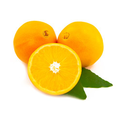Oranges with leaves on a white background