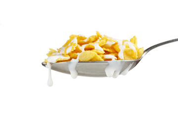 Corn flakes on the spoon with milk.