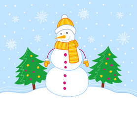 christmas card with trees and snowman