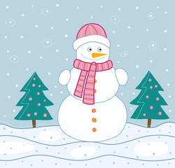 christmas card with trees and snowman