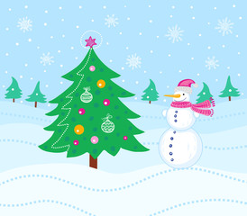 christmas card with trees and snowman