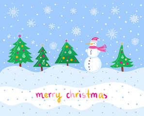christmas card with trees and snowman