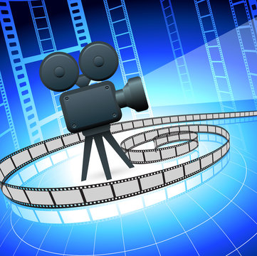 Film camra and filmstrip on blue background