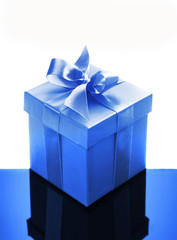 Light blue gift box with blue ribbon.