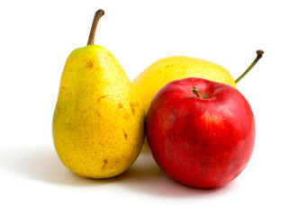 red apple and two yellow pears on a white background