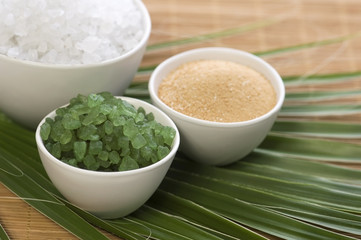 bath salt and palm leaf