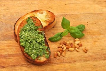 baguette as a snack with homemade fresh pesto