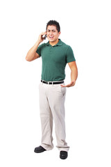 Uniformed worker arguing on the phone