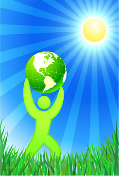 Man with Green Globe on summer background