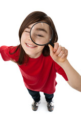 Girl holding magnifying glass isolated on white