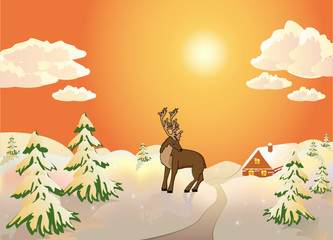 Winter scene with reindeer