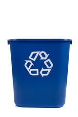 blue recycle can on white