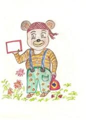 A child's drawing of a teddy bear holding a greeting card in his hand. The drawing is done with pencils.