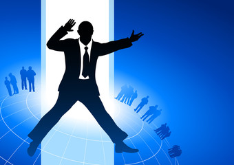 excited businessman with business team on blue internet backgrou