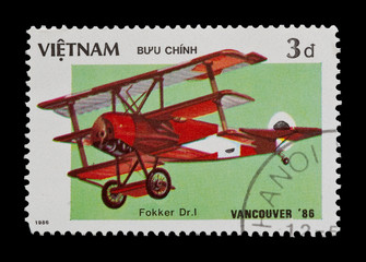 mail stamp featuring WWI Red Baron tri-plane