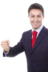 business man standing with his arms up representing his success