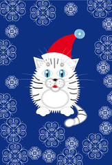 New Year's background with a white tiger cub in a Santa hat