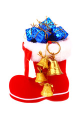 Red Christmas boot with gifts and bells