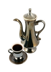 Vintage cup of coffee and coffeepot isolated on white