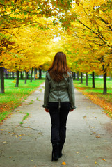 Girl walking on an alley autumn.