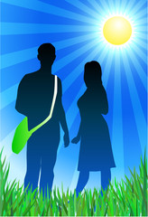 Traveling couple on sunny summer background