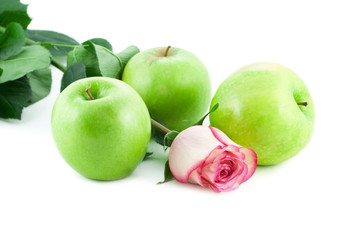 Rose and green apples on pure white background