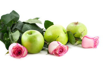 Roses and green apples on pure white background