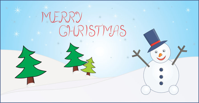 christmas card with trees and snowman
