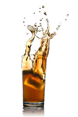 Beautiful splash of cola with ice in glass isolated on white