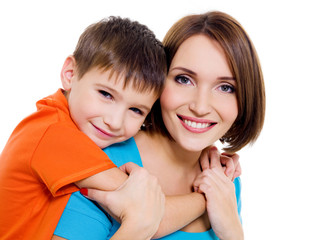appy cheerful mother with little son