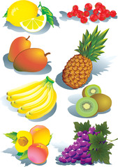 Various juicy fruits on a white background.  Healthy food.