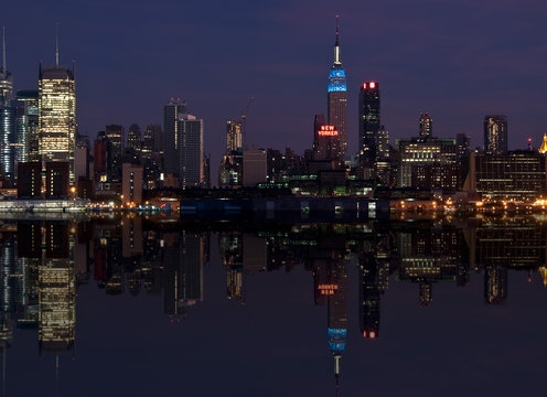 new york cityscape skyline at night, nyc, usa
