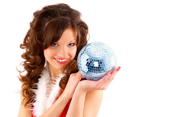 picture of sexy santa helper with disco ball.