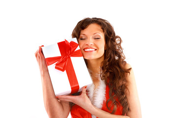 picture of cheerful santa helper girl with gift box..