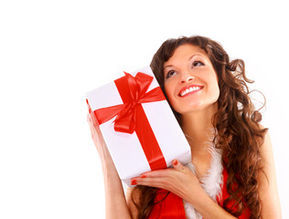 picture of cheerful santa helper girl with gift box..