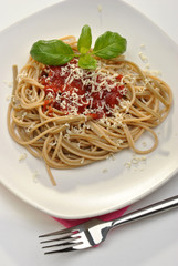home made pasta with mince sauce and basil