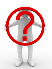 men holds question symbol on white background