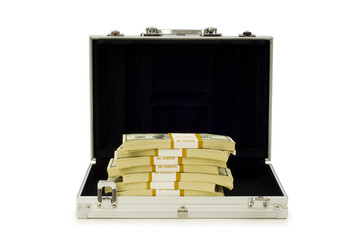 Metal case and lots of dollars on white