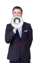 Confident businessman rowing through a megaphone