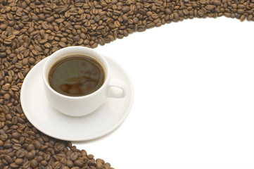 Coffee cup and grain on white background