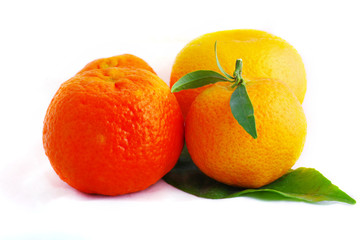 Tangerine with green leaves on the white background.