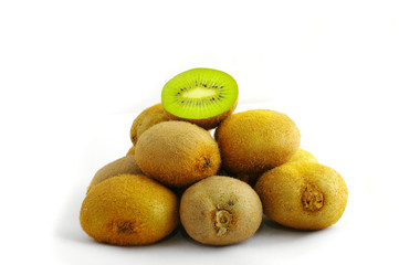 some kiwi on white background. One half of kiwi in the head of h