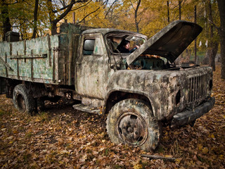 Fototapeta na wymiar Woman in old broken truk