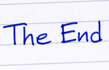 The End, written with blue ink on white paper.